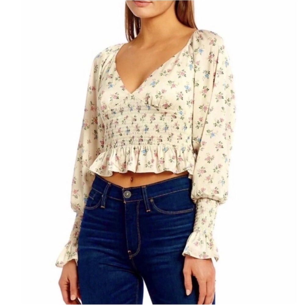 Cottagecore Floral Smocked Peplum Crop Top Boho Romantic Blouse Neutral Size M